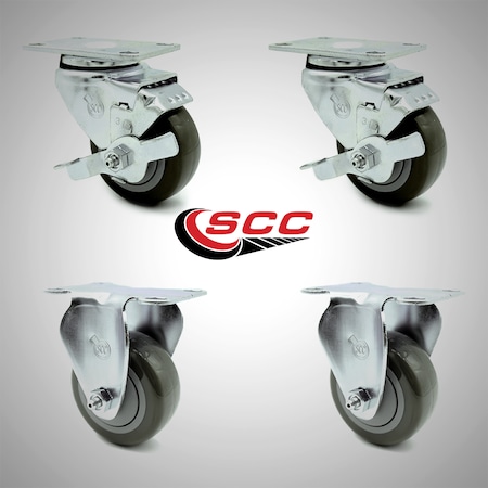 Service Caster 3 Inch SS Gray Polyurethane Top Plate Caster Set with 2 Brake 2 Rigid SCC SCC-SS20S314-PPUB-TLB-2-R314-2